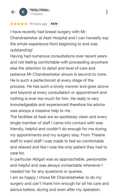 patients reviews on breast surgery performed by consultant breast surgeon Mr Chandrashekar at Aset Hospital Liverpool